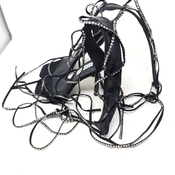 Steve Madden Sandal Heels Justyne Black Glass Rhinestone Tie Up Gladiator 7 - Picture 6 of 10